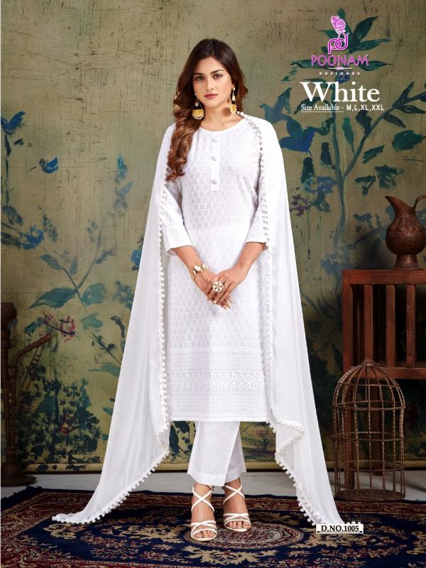 Poonam White rayon Fancy Kurti Pant With Dupatta Collection